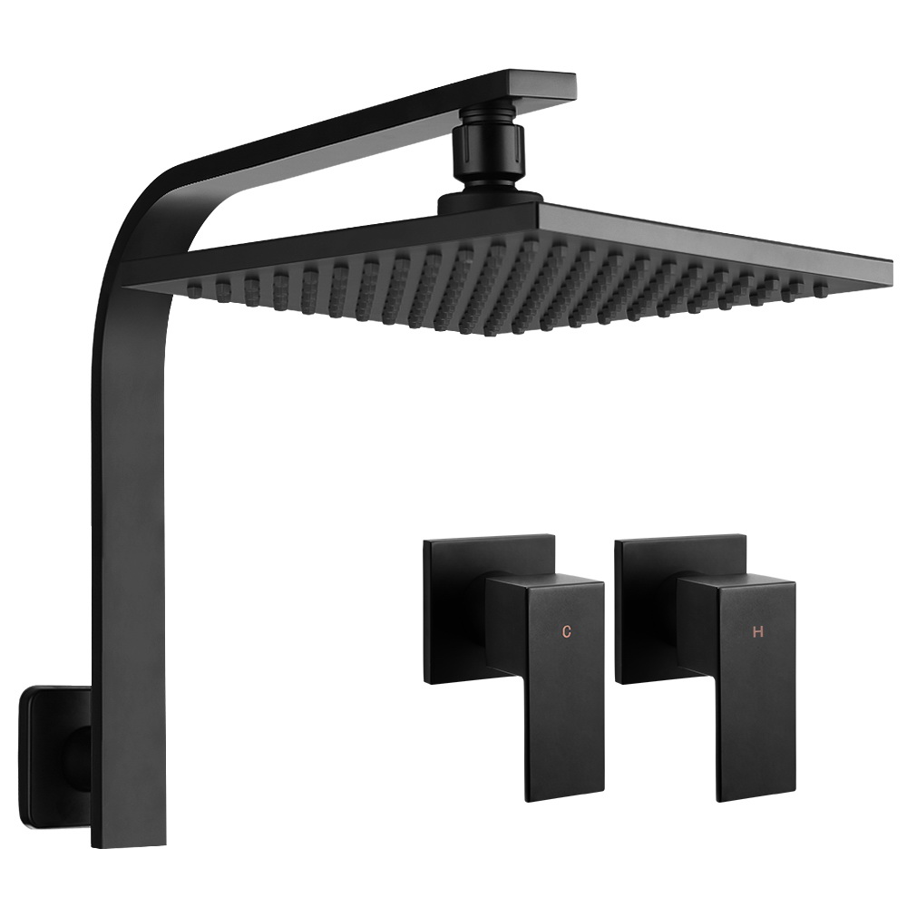 Cefito WElS 8” Rain Shower Head Set Square High Pressure Wall Arm DIY – Black, 8” Round Shower Head + Shower Taps Set