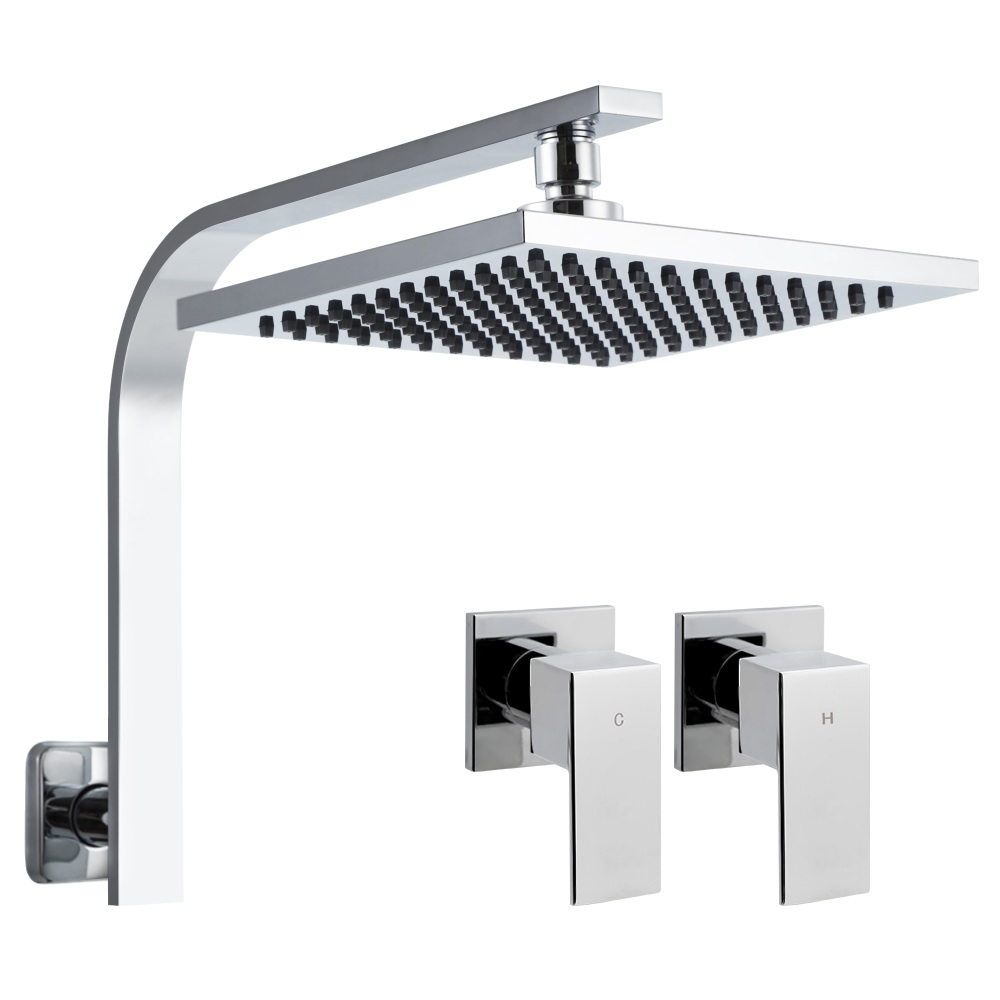 Cefito WElS 8” Rain Shower Head Set Square High Pressure Wall Arm DIY – Silver, 8” Round Shower Head + Shower Taps Set