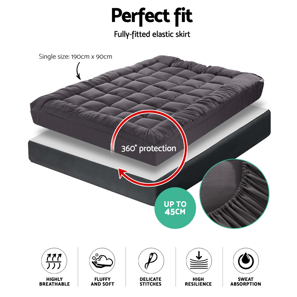 Giselle Mattress Topper Pillowtop 1000GSM Charcoal Microfibre Bamboo Fibre Filling Protector – SINGLE