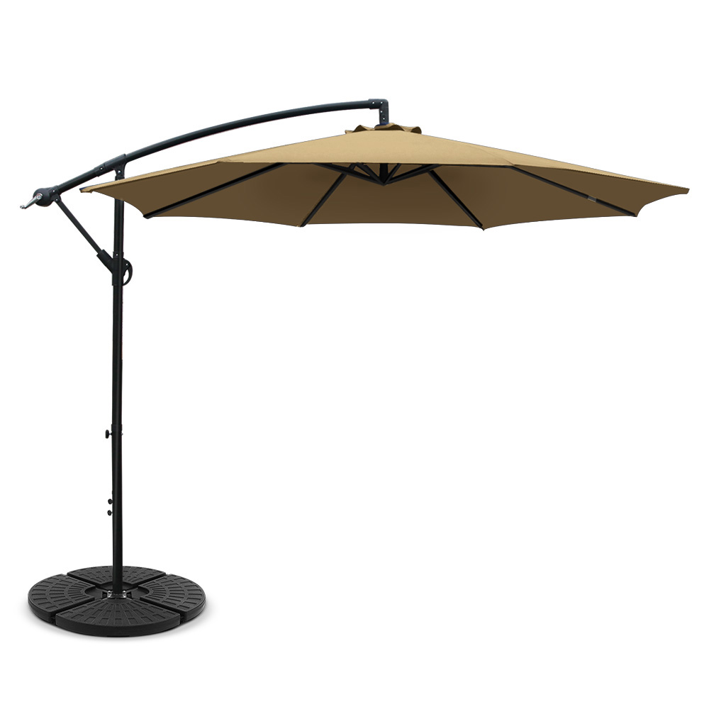Instahut 3M Umbrella with Base Outdoor Umbrellas Cantilever Sun Beach Garden Patio – Beige, 48x48x7.5 cm(Base)