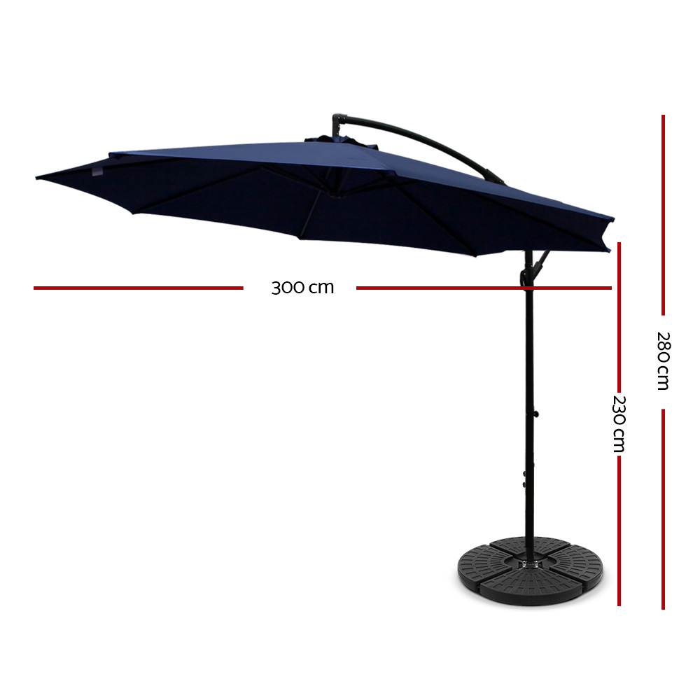 Instahut 3M Umbrella with Base Outdoor Umbrellas Cantilever Sun Beach Garden Patio – Navy Blue, 48x48x7.5 cm(Base)