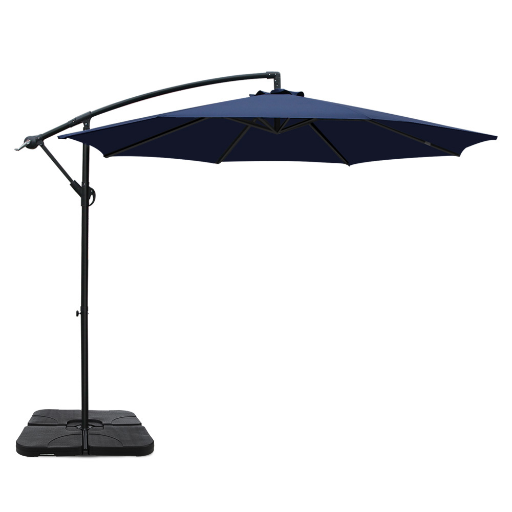 Instahut 3M Umbrella with Base Outdoor Umbrellas Cantilever Sun Beach Garden Patio – Navy Blue, 50x50x8.5 cm(Base)