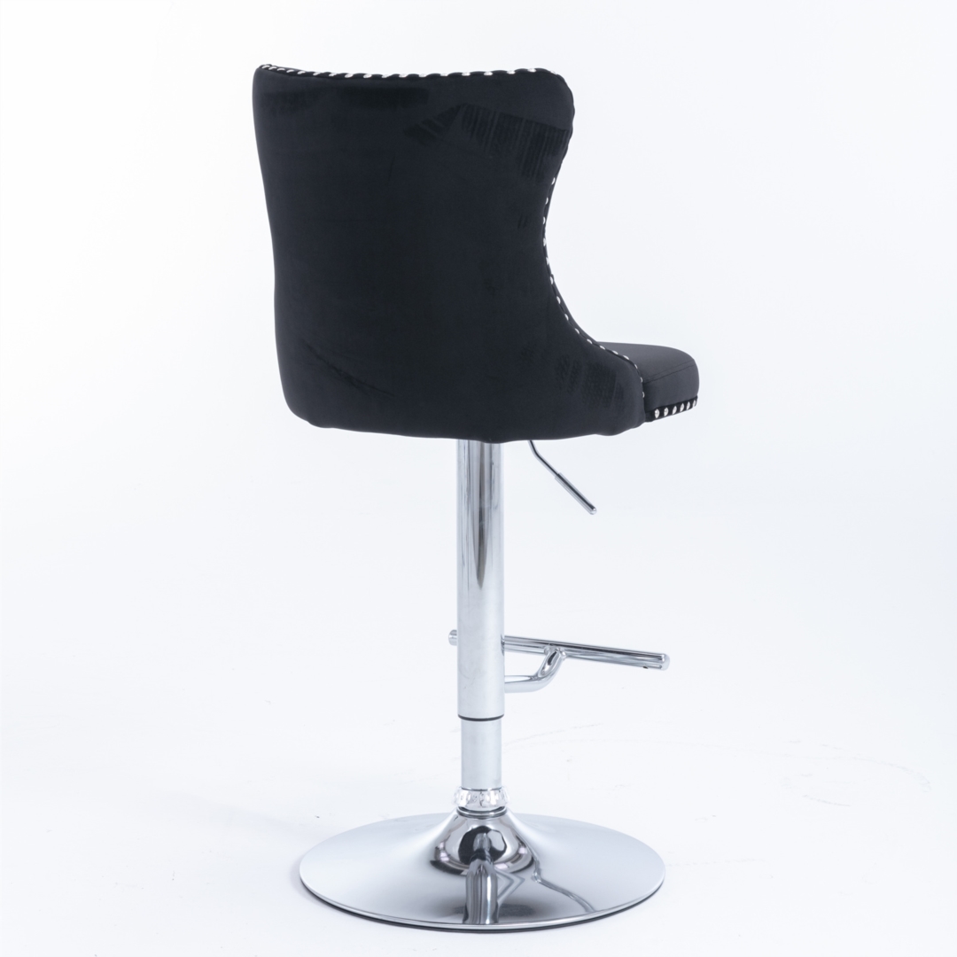 2x Height Adjustable Swivel Bar Stool Velvet Studs Barstool with Footrest and Chromed Base – Black
