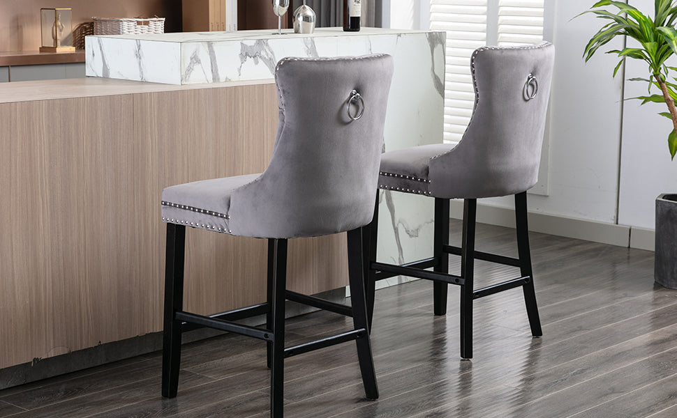 2X Velvet Bar Stools with Studs Trim Wooden Legs Tufted Dining Chairs Kitchen – Grey