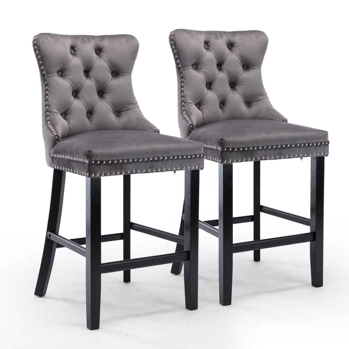 2X Velvet Bar Stools with Studs Trim Wooden Legs Tufted Dining Chairs Kitchen – Grey