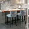 2x Velvet Upholstered Button Tufted Bar Stools with Wood Legs and Studs – Grey