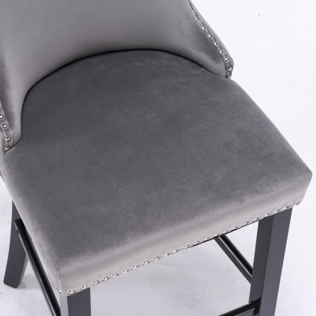 2x Velvet Upholstered Button Tufted Bar Stools with Wood Legs and Studs – Grey