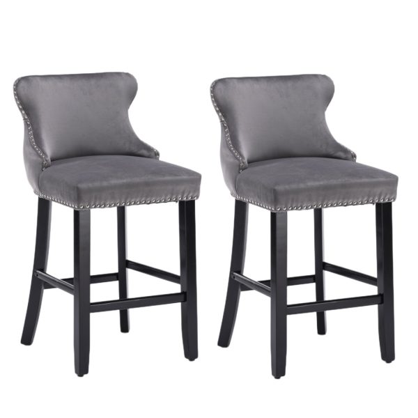 2x Velvet Upholstered Button Tufted Bar Stools with Wood Legs and Studs