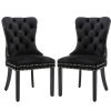 2x Velvet Dining Chairs Upholstered Tufted Kithcen Chair with Solid Wood Legs Stud Trim and Ring – Black