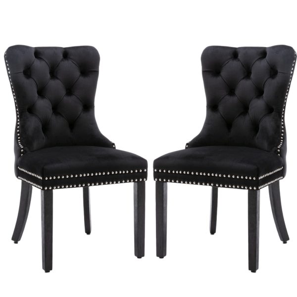 2x Velvet Dining Chairs Upholstered Tufted Kithcen Chair with Solid Wood Legs Stud Trim and Ring