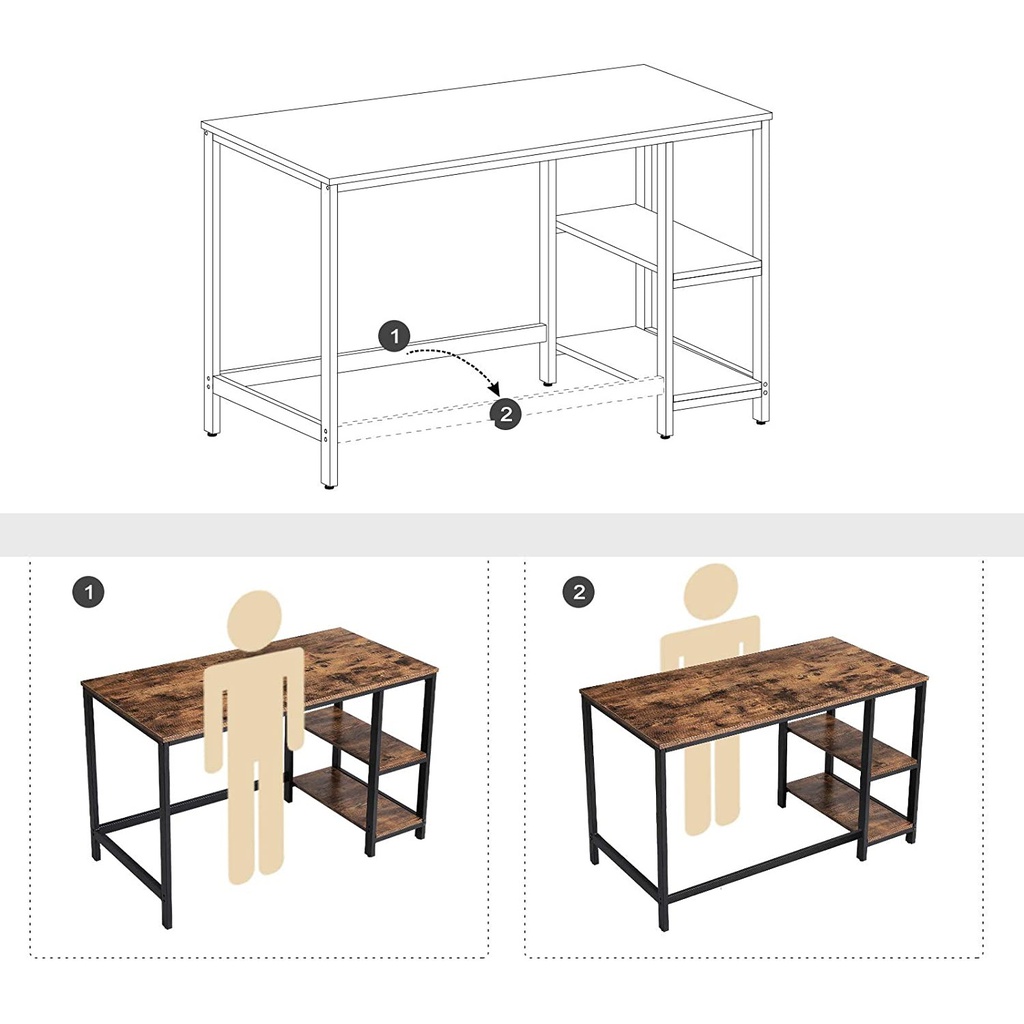 VASAGLE Computer Desk with 2 Shelves Rustic Brown and Black LWD47X