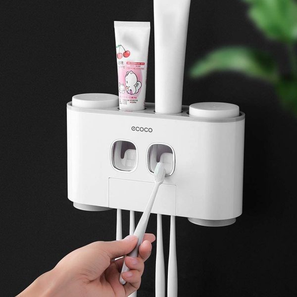 Ecoco Wall-Mounted Toothbrush Holder with 2 Toothpaste Dispensers 4 Cups and 5 Toothbrush Slots Toiletries Bathroom Storage Rack