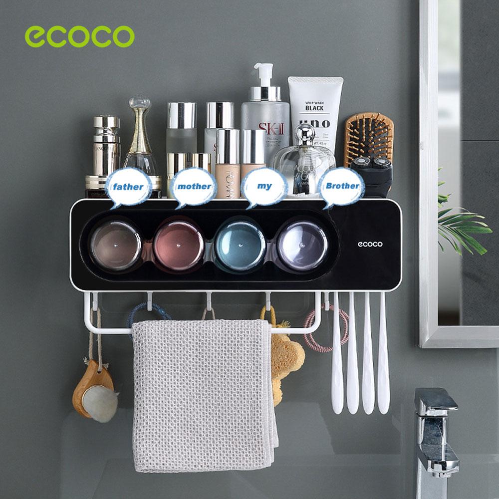 Ecoco Wall-Mounted Toothbrush Holder with 4 Cups and 4 Toothbrush Slots Toiletries Bathroom Storage Rack – Black
