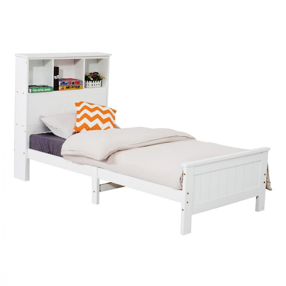 Solid Pine Timber Bed Frame with Bookshelf Storage Headboard- White – SINGLE