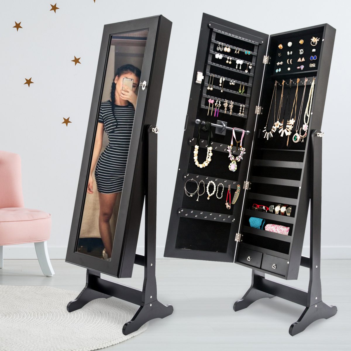 La Bella Mirror Jewellery Cabinet LOWE 146cm Organiser 2 Drawers – Black