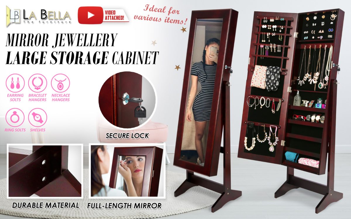 La Bella 146cm Mirror Jewellery Cabinet Storage Organiser LUVO – Walnut