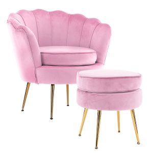 La Bella Shell Scallop Lounge Chair Accent Velvet – Pink, Armchair + Footstool