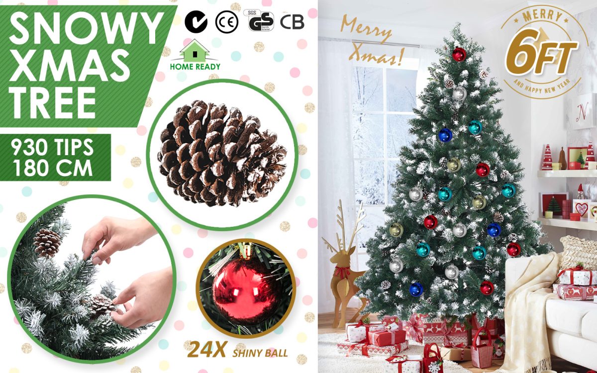Home Ready 210cm 1290 tips Green Snowy Christmas Tree Xmas – 6ft, Pine Cones + Bauble Balls