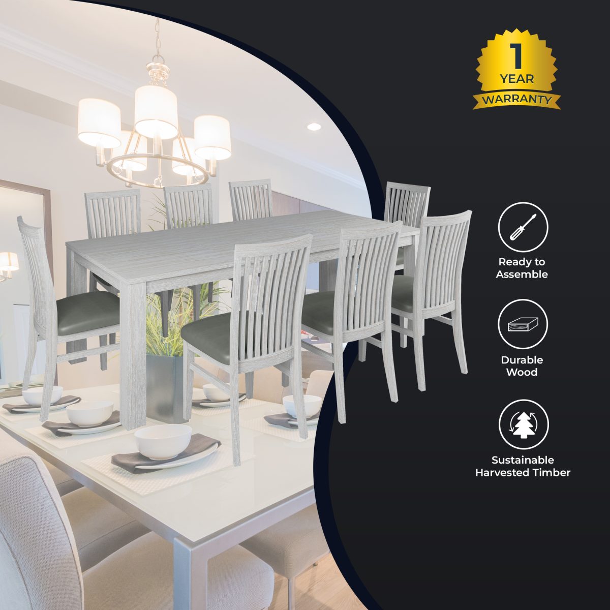 Foxglove 9pc Dining Set 225cm Table 8 PU Seat Chair Solid Mt Ash Wood – White