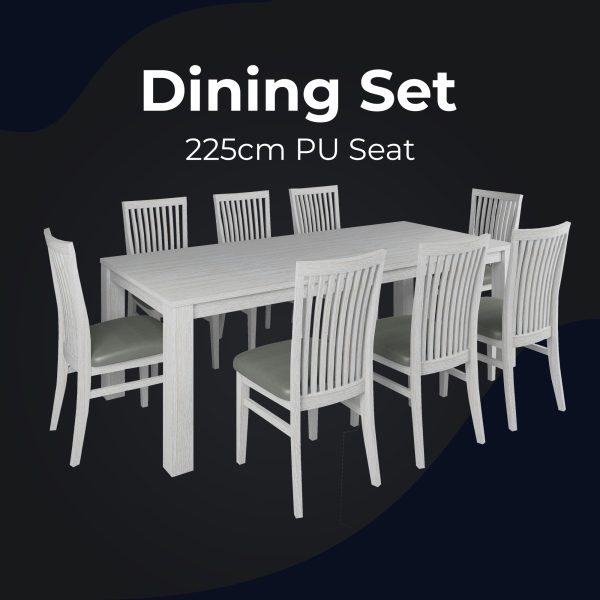 9pc Dining Set 225cm Table 8 PU Seat Chair Solid Mt Ash Wood – White