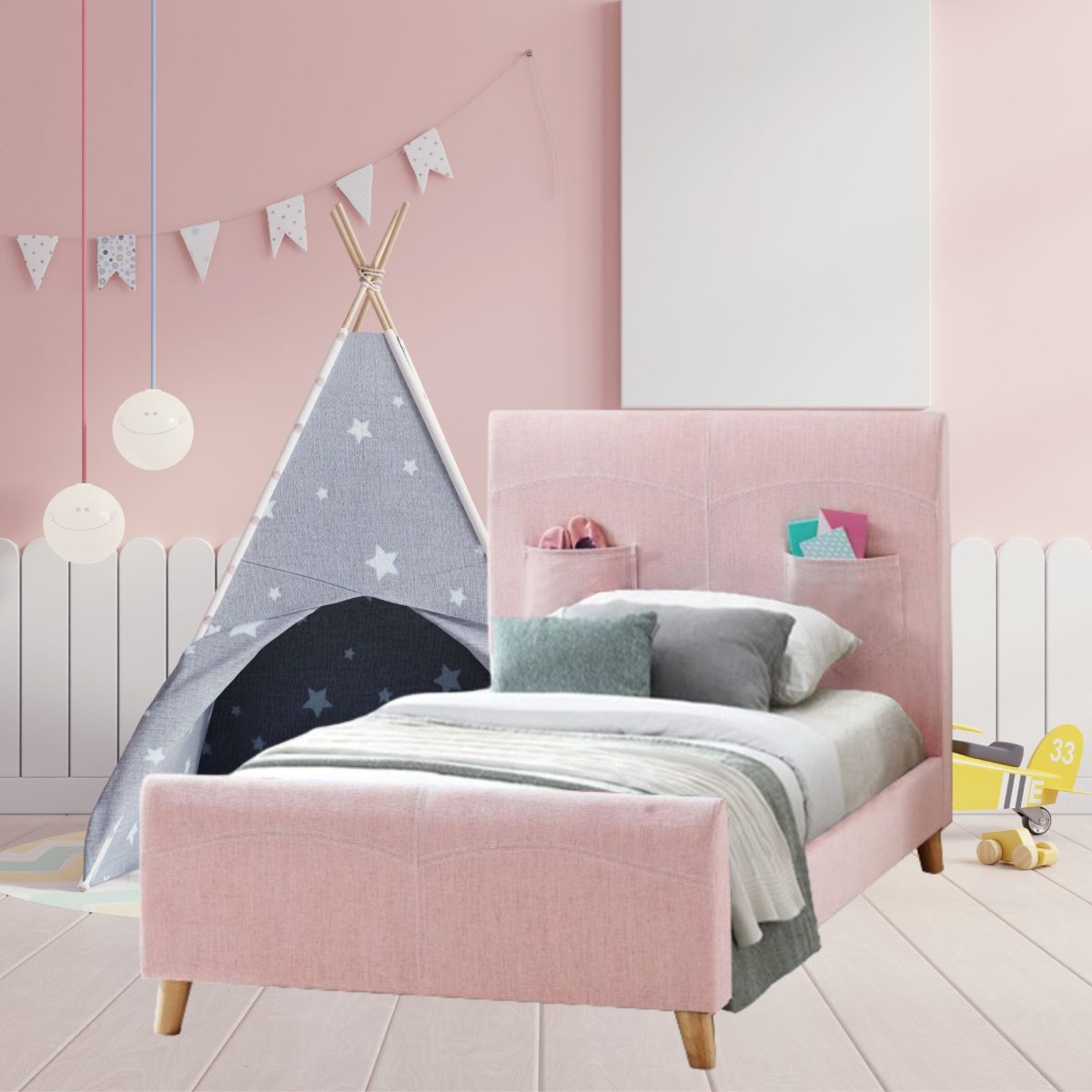 Phlox Kids Bed Fabric Upholstered Children Kid Timber Frame – Pink, SINGLE