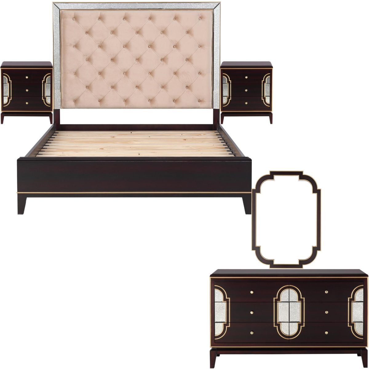 Scarlet 5pc Bed Frame Bedroom Suite Timber Bedside Dresser Mirror Package – KING
