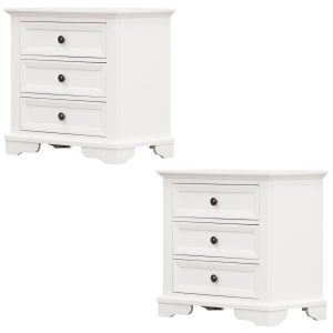 Celosia Bedside Table 3 Drawers Storage Cabinet Nightstand End Tables – White – 2 x Bedside Table
