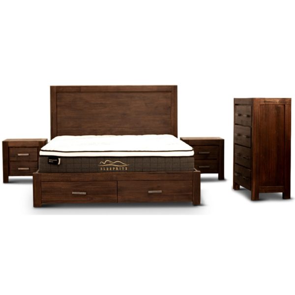 Amesbury 4pc Bed Frame Suite Bedside Tallboy Furniture Package – Walnut