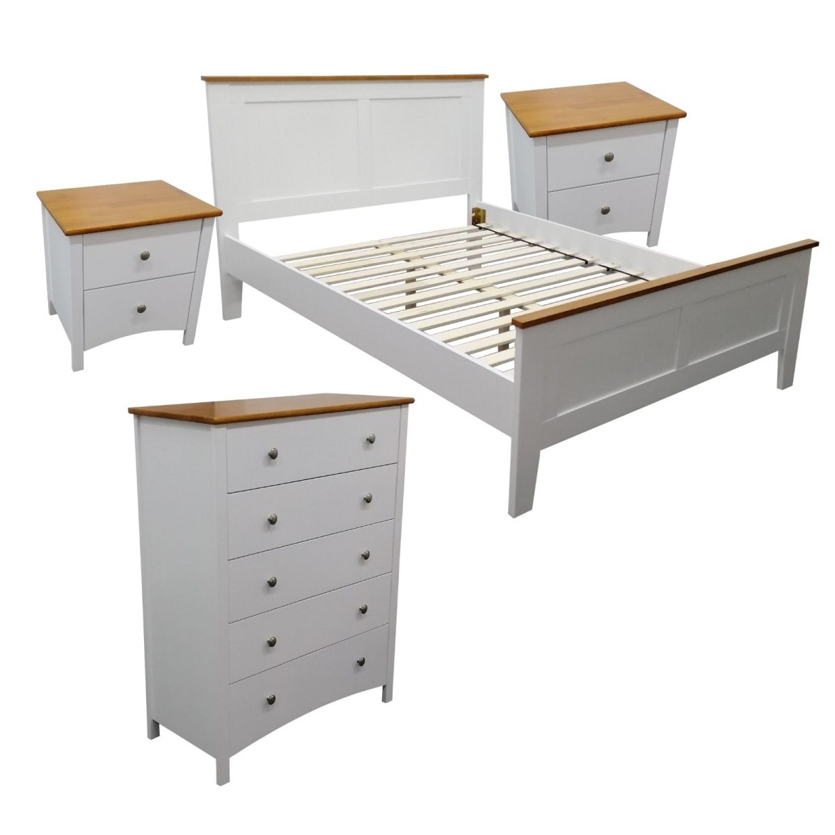 Lobelia 4pc Bed Suite Bedside Tallboy Bedroom Furniture Package – White – DOUBLE