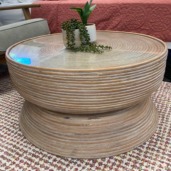 Clover Rattan Round Coffee Table with Glass Top
