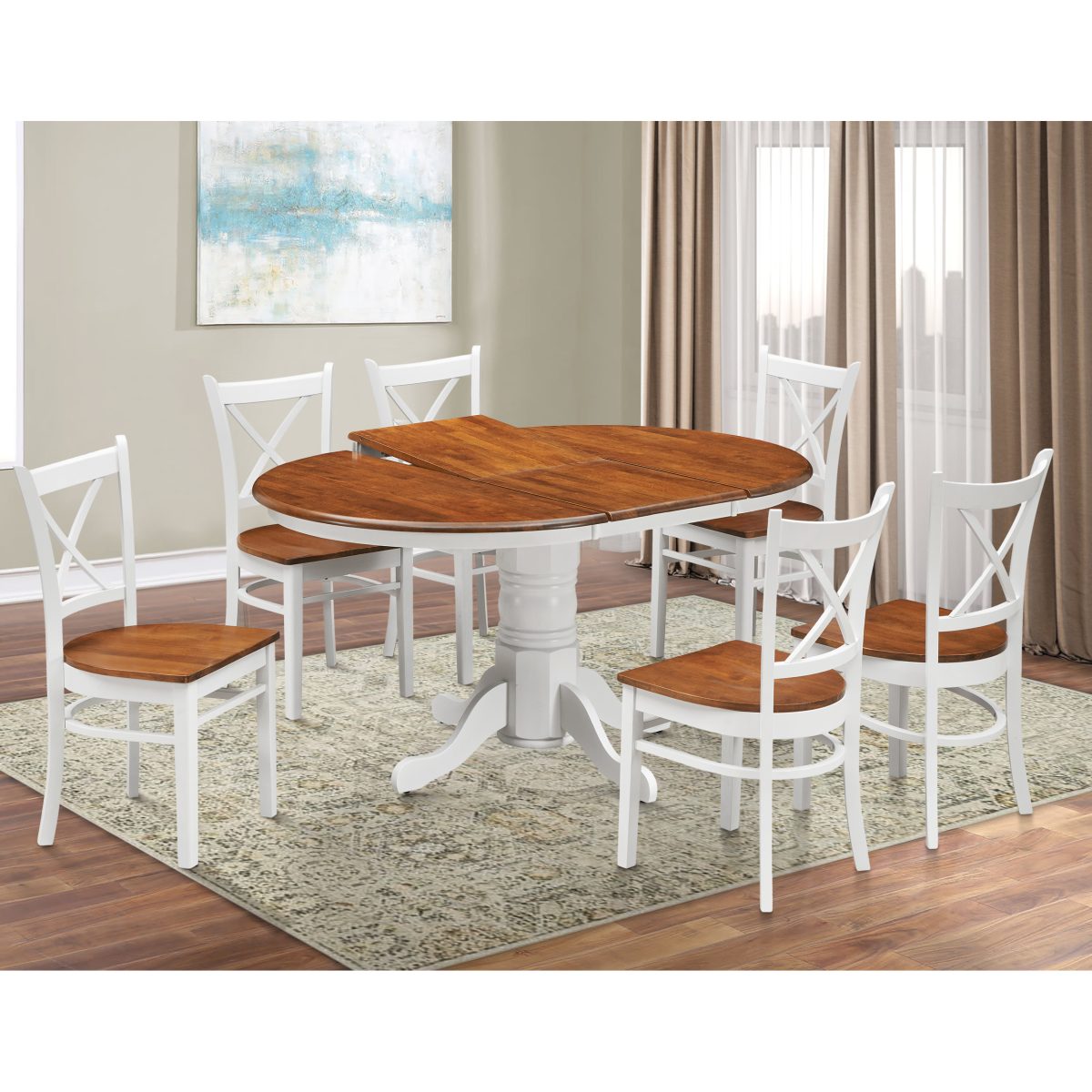 Lupin 7pc Dining Set 150cm Extendable Pedestral Table 4 Timber Chair – White Oak