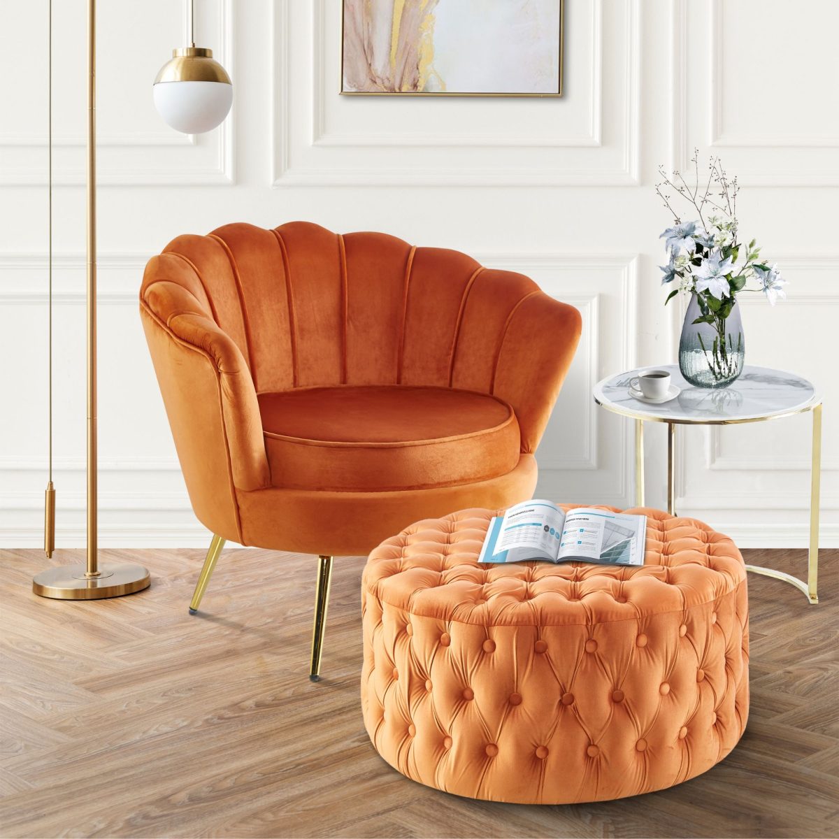 Cosmos Tufted Velvet Fabric Round Ottoman Footstools – Cinnamon
