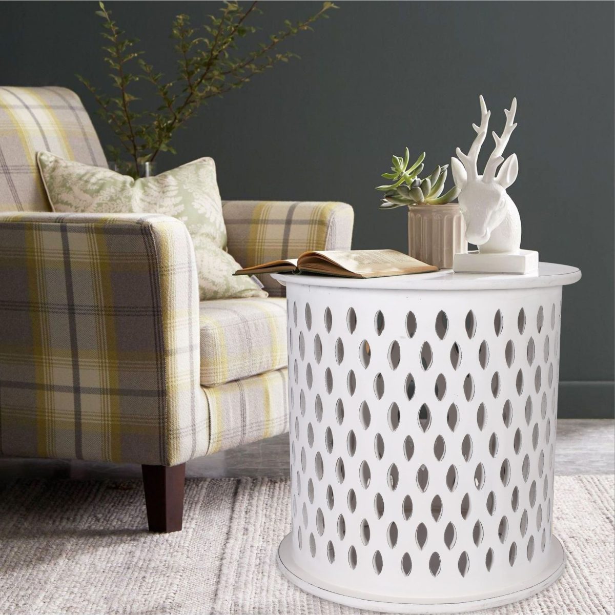 Pansy  Wooden Round Side Table Sofa End Tables – White, 50x50x50 cm