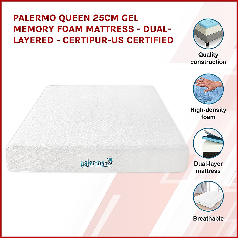 Queen 25cm Gel Memory Foam Mattress – Dual-Layered – CertiPUR-US Certified
