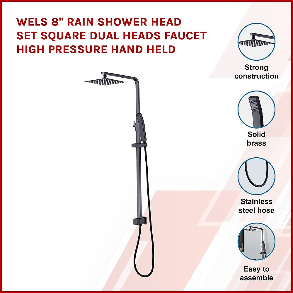 WELS 8″ Rain Shower Head Set Square Dual Heads Faucet High Pressure Hand Held