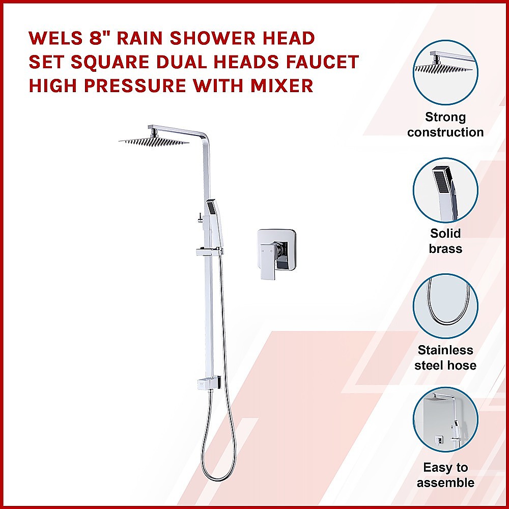 WELS 8″ Rain Shower Head Set Square Dual Heads Faucet High Pressure With Mixer