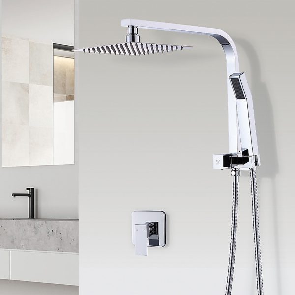 WELS 8″ Rain Shower Head Set Square Dual Heads Faucet High Pressure With Mixer,