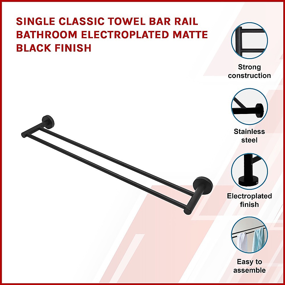 Single Classic Towel Bar Rail Bathroom Electroplated Matte Black Finish