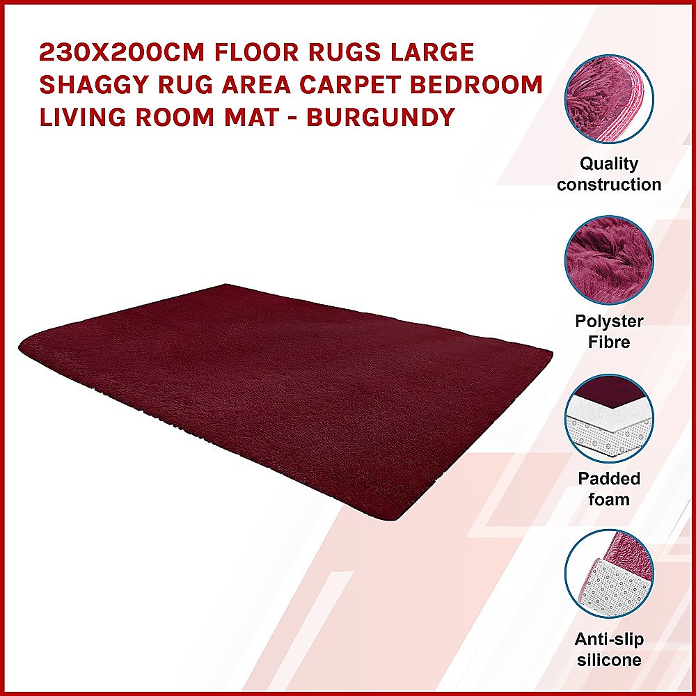 230x200cm Floor Rugs Large Shaggy Rug Area Carpet Bedroom Living Room Mat – Burgundy