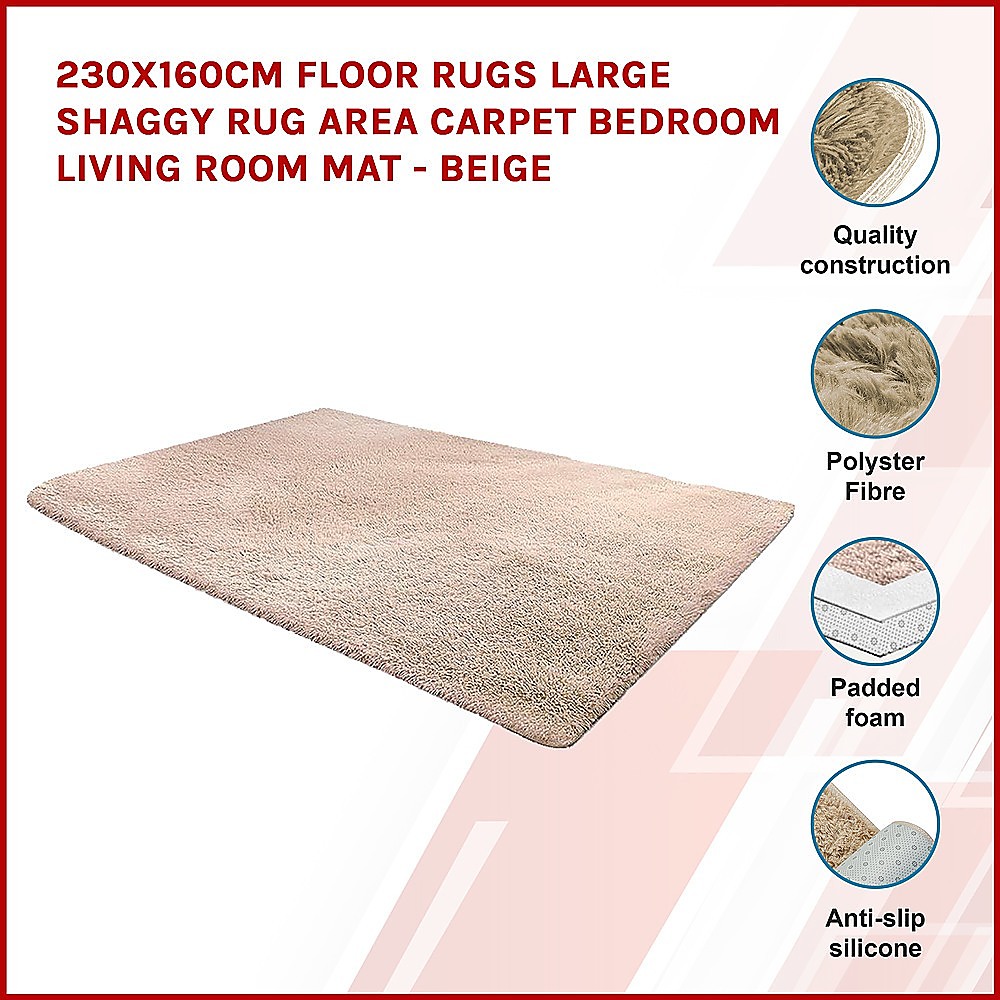 230x160cm Floor Rugs Large Shaggy Rug Area Carpet Bedroom Living Room Mat – Beige