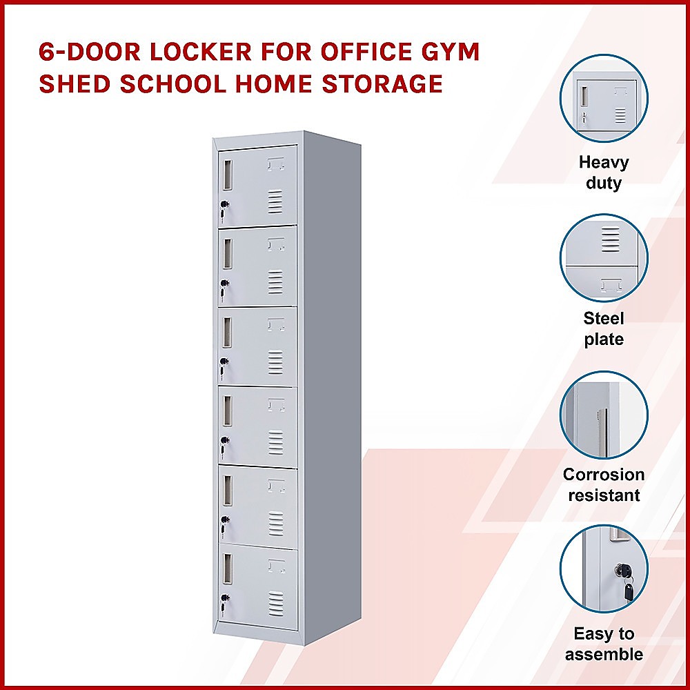 Standard Lock 6-Door Locker for Office Gym Shed School Home Storage Grey