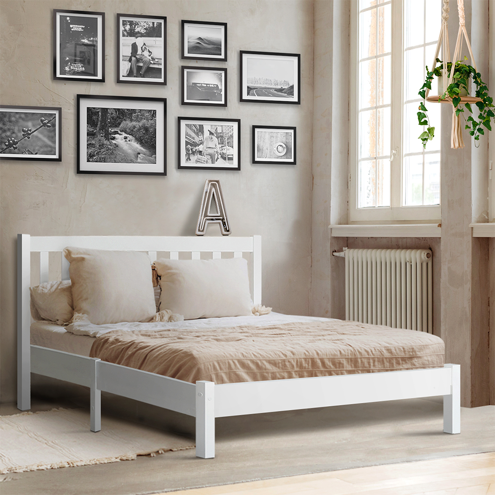 Artiss Bed Frame Wooden Bed Base Pine Timber Mattress Foundation – White, DOUBLE