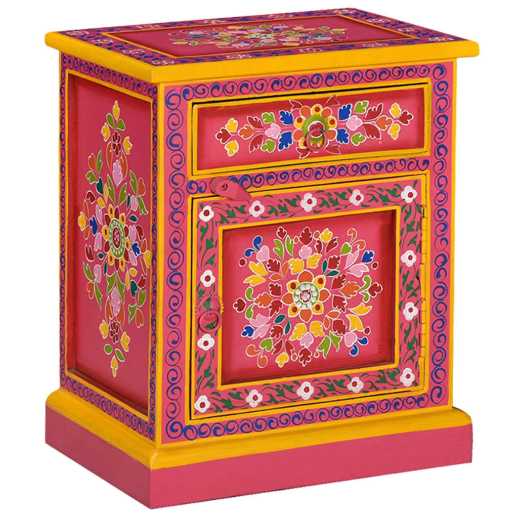 Waltham Bedside Cabinet Solid Mango Wood Pink Hand Painted