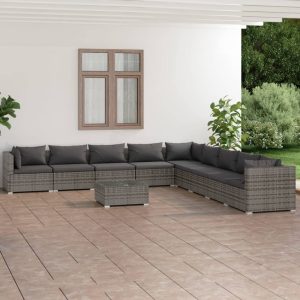 10 Piece Garden Lounge Set with Cushions Poly Rattan Grey