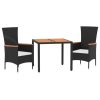 3 Piece Garden Dining Set with Cushions Black Poly Rattan