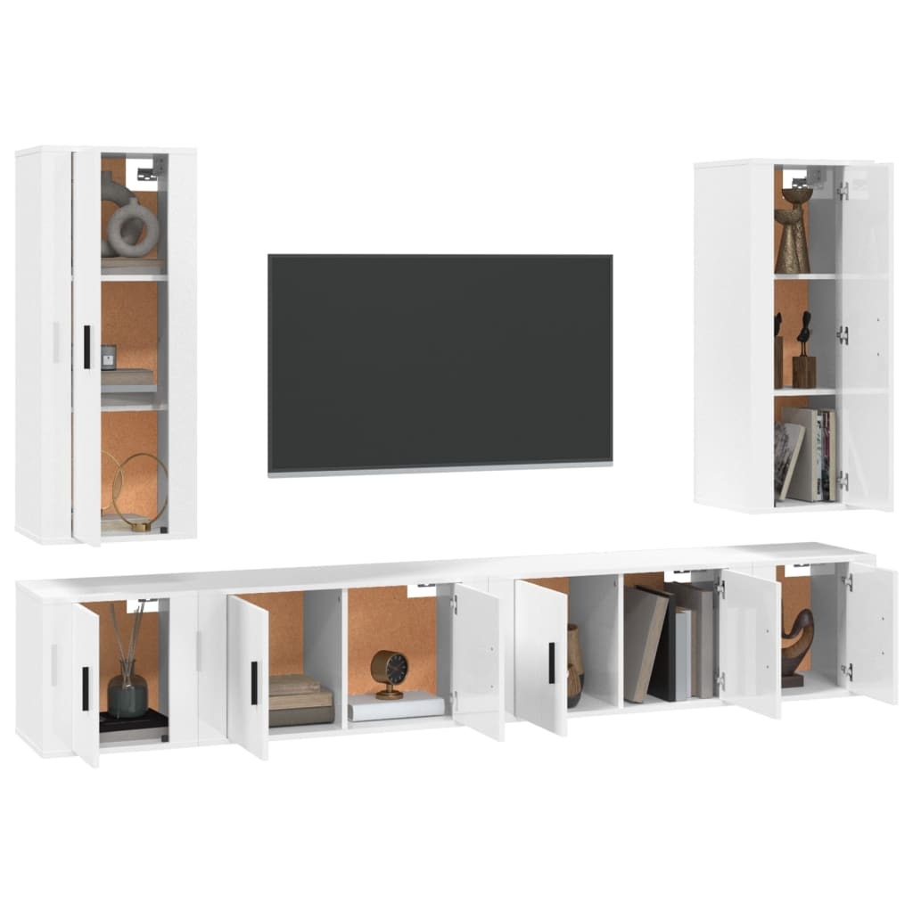 6 Piece TV Cabinet Set White Engineered Wood