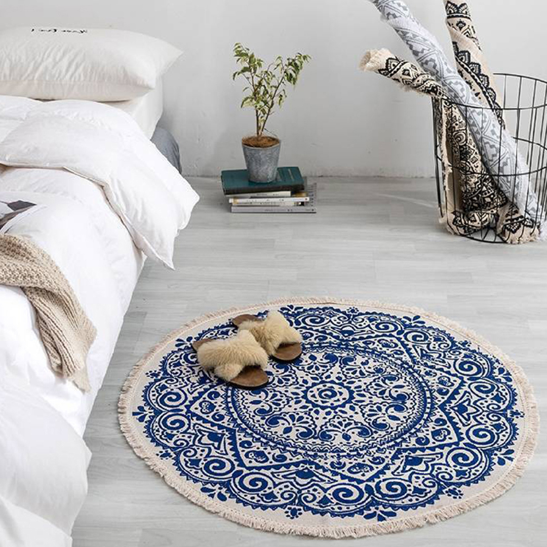 Blue Carpet Soft Linen Bohemian Non-Slip Floor Retro Minimalist Round Rug Home Decor with Tassels