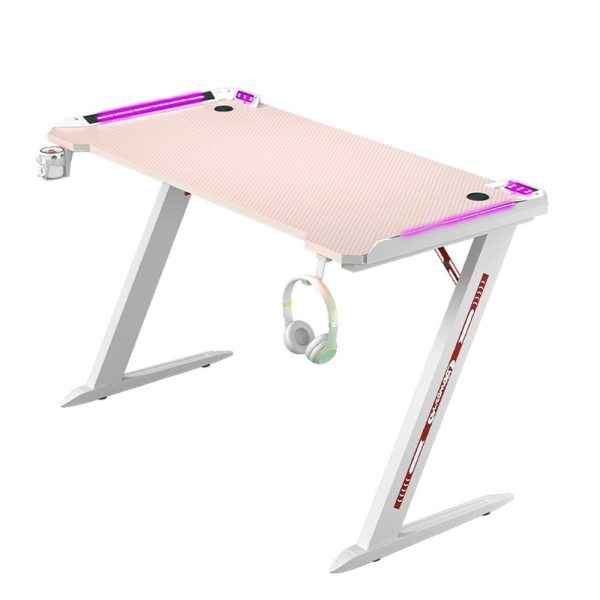 RGB Gaming Desk Home Office Carbon Fiber Led Lights Game Racer Computer PC Table Z-Shaped Pink