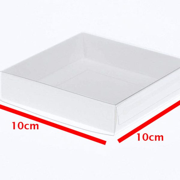 10 Pack of 10cm Square Invitation Coaster Favor Function product Presentation Cookie Biscuit Patisserie Gift Box – White Card with Clear Sl