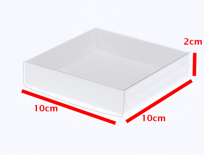 10 Pack of 10cm Square Invitation Coaster Favor Function product Presentation Cookie Biscuit Patisserie Gift Box – 2cm deep – White Card with Clear Sl